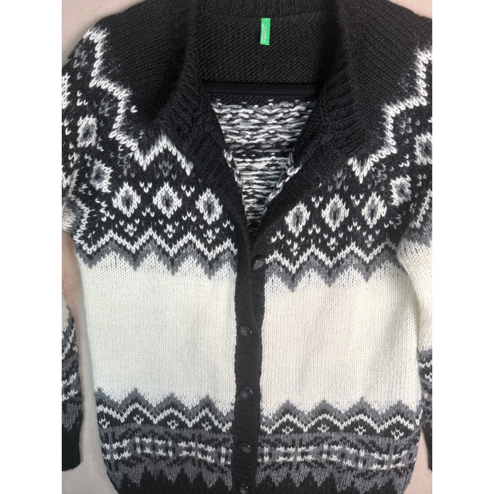 United Colors of Benetton Fair Isle Cardigan Women L Black White Alpaca Mohair - Picture 9 of 10